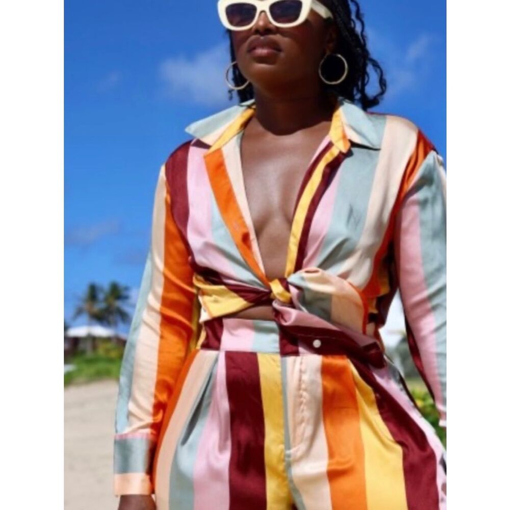 Fe Noel x target Multi-Color Vertical Strip Blouse and Wide Leg Pant Set - Picture 4 of 6